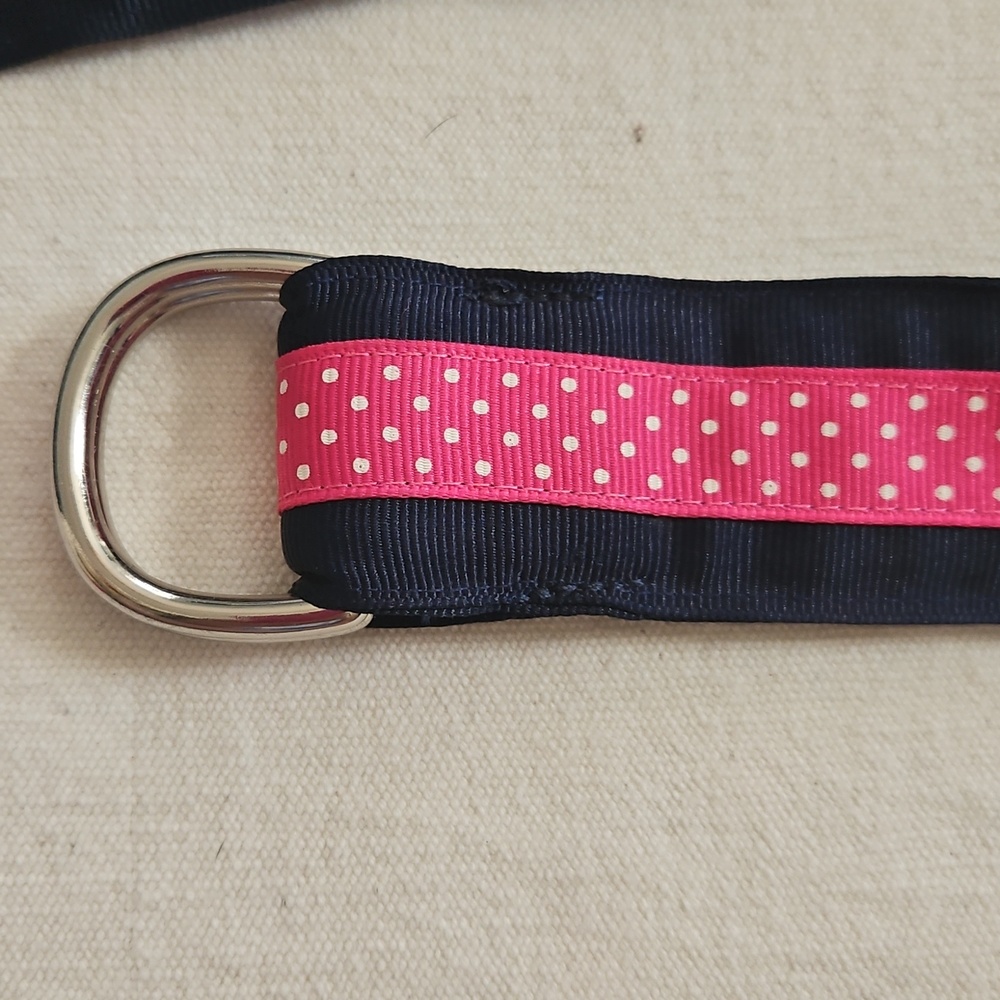 Leather Man Navy And Pink Polka Dot Grosgrain D Ring Women's Belt - Picture 2 of 5